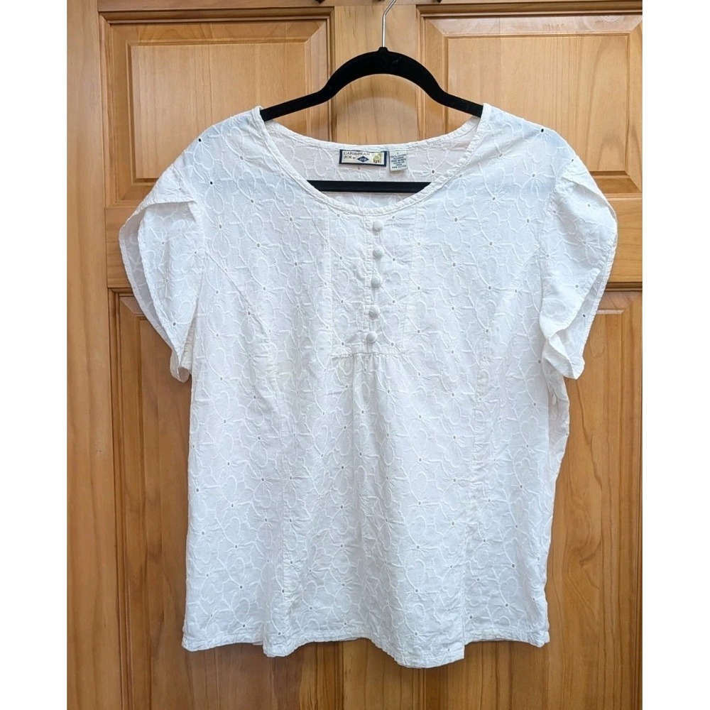 Caribbean Joe Women's Large Top Cap Sleeves Eyelet Ivory Fabric Side Zip Blouse